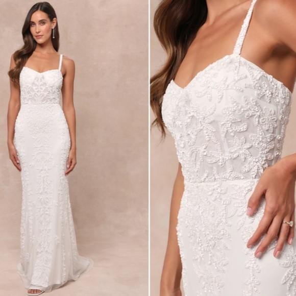 LULUS Bridal Wedding Elegant Sophisticated STUNNING Beaded Mermaid Gown